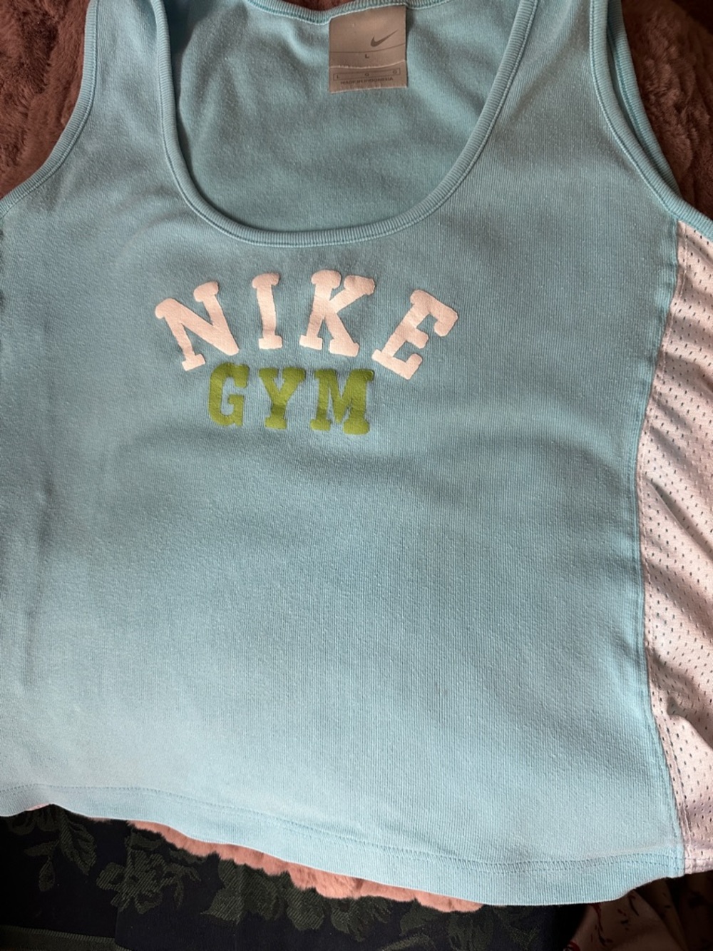 Women’s Nike Light Blue Tank Top with White Side Panels and Green 'GYM' Graphic